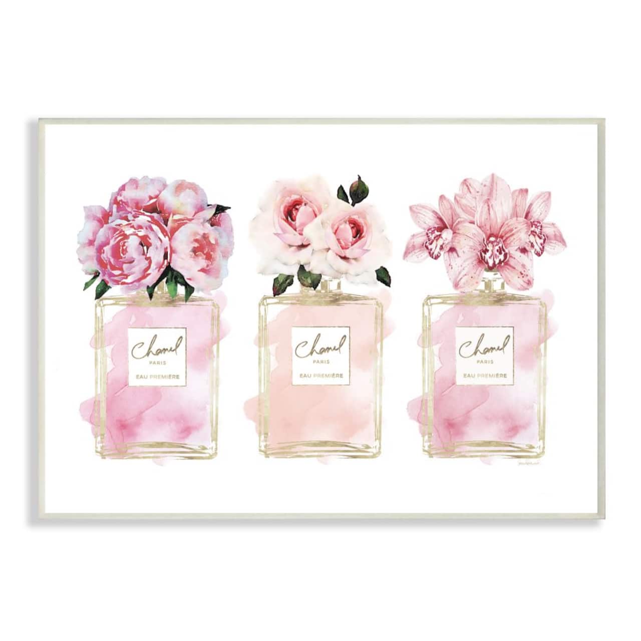 Stupell Industries Pink Flowers And Perfumes Glam Fashion Watercolor Design Wood Wall Plaque